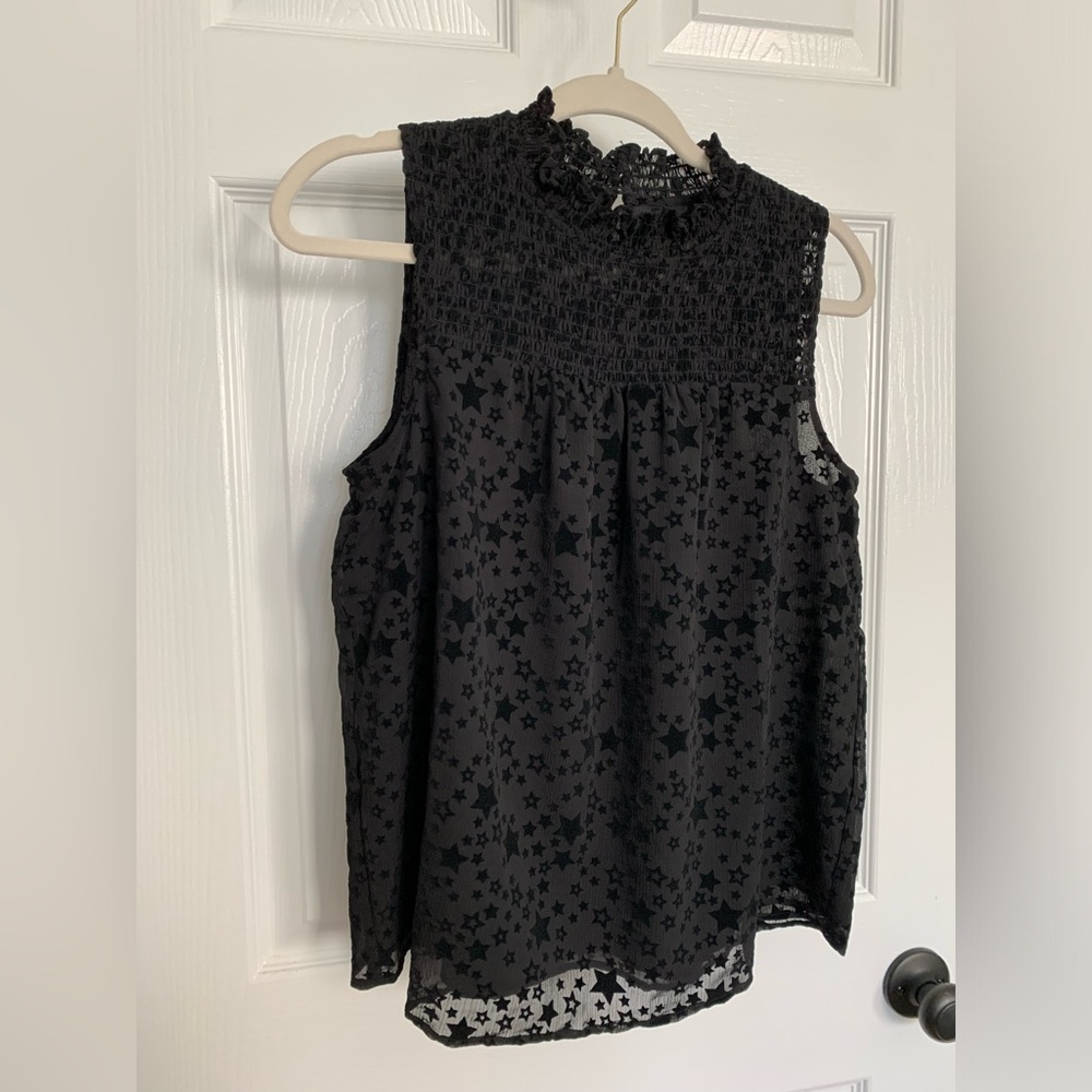 LOFT Star Smocked Mock Neck Shell - Black Sz small